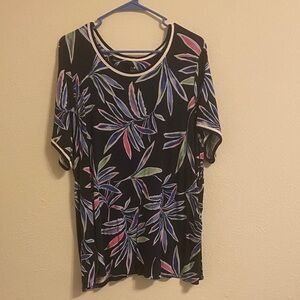 Sleeper Black Short Sleeve Top with Multicolor Leaf Print